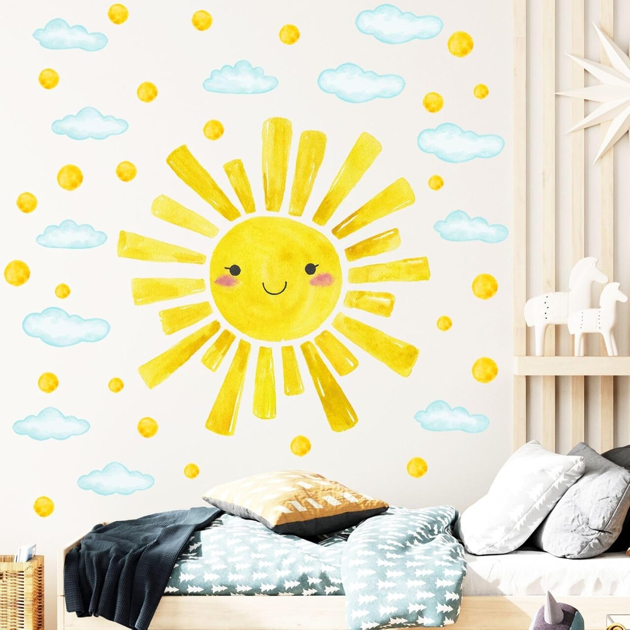 Watercolor Sun & Cloud Wall Decals – 12-Piece Polka Dot Stickers for Kids’ Bedroom & Nursery, 14.5"x11.5"